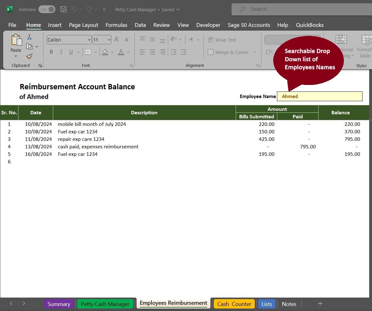 Acute Consultants petty cash management template employee reimbursement report view