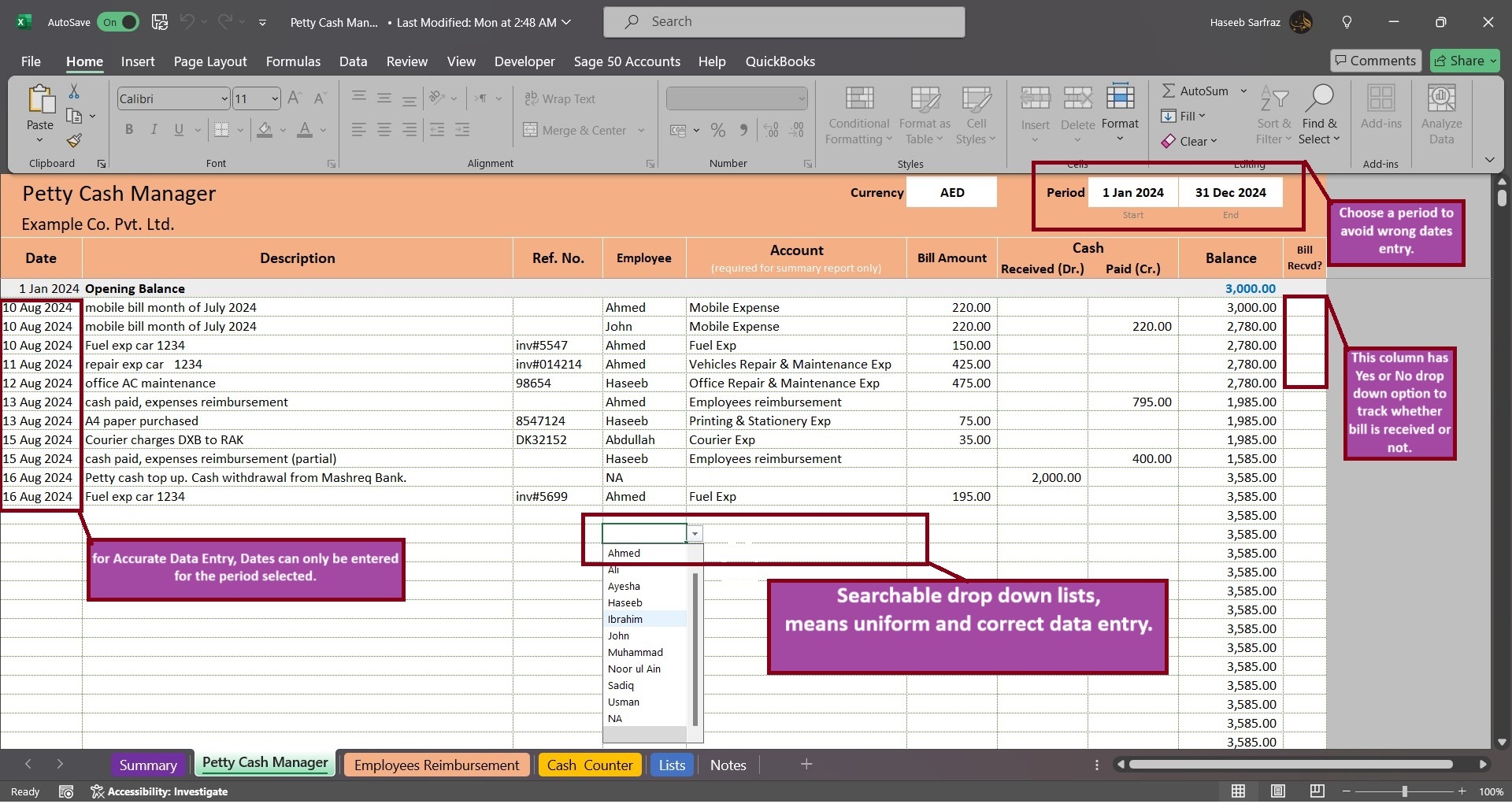 Acute Consultants petty cash management template main data entry sheet view.