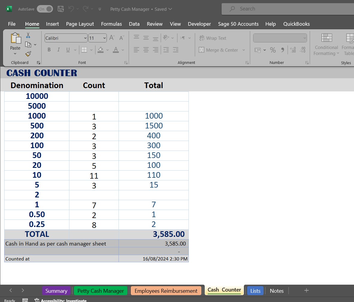 Acute Consultants petty cash management template cash counter view